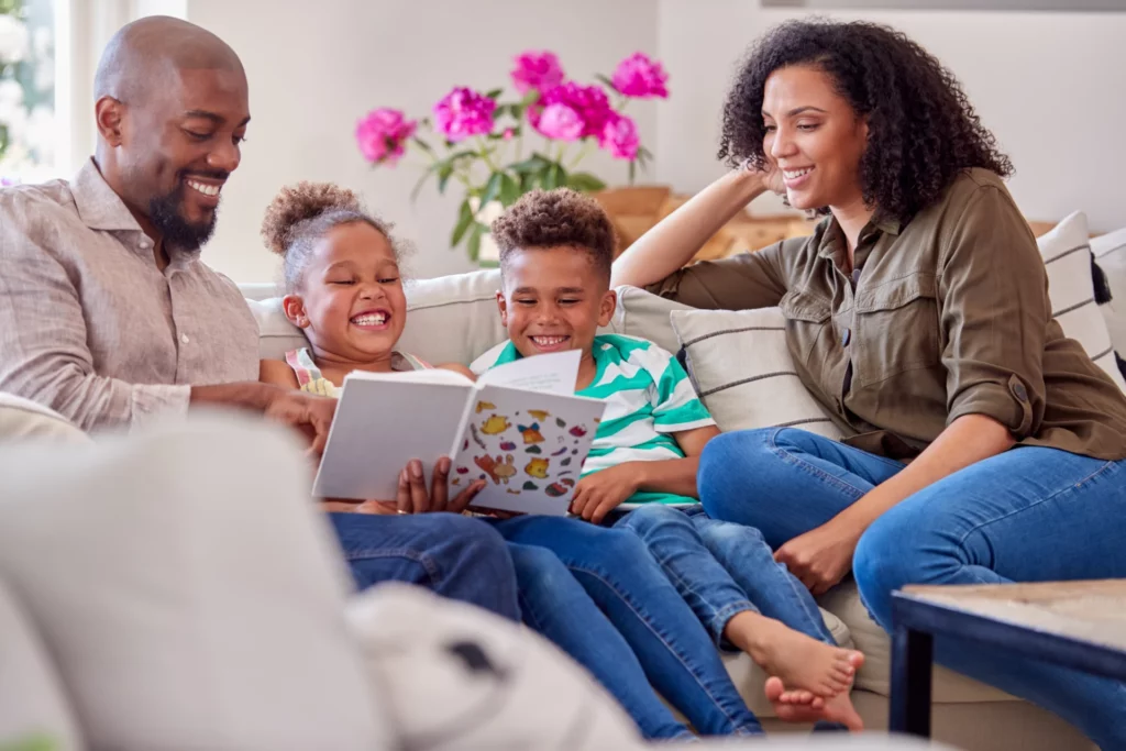 a family of four playing word games